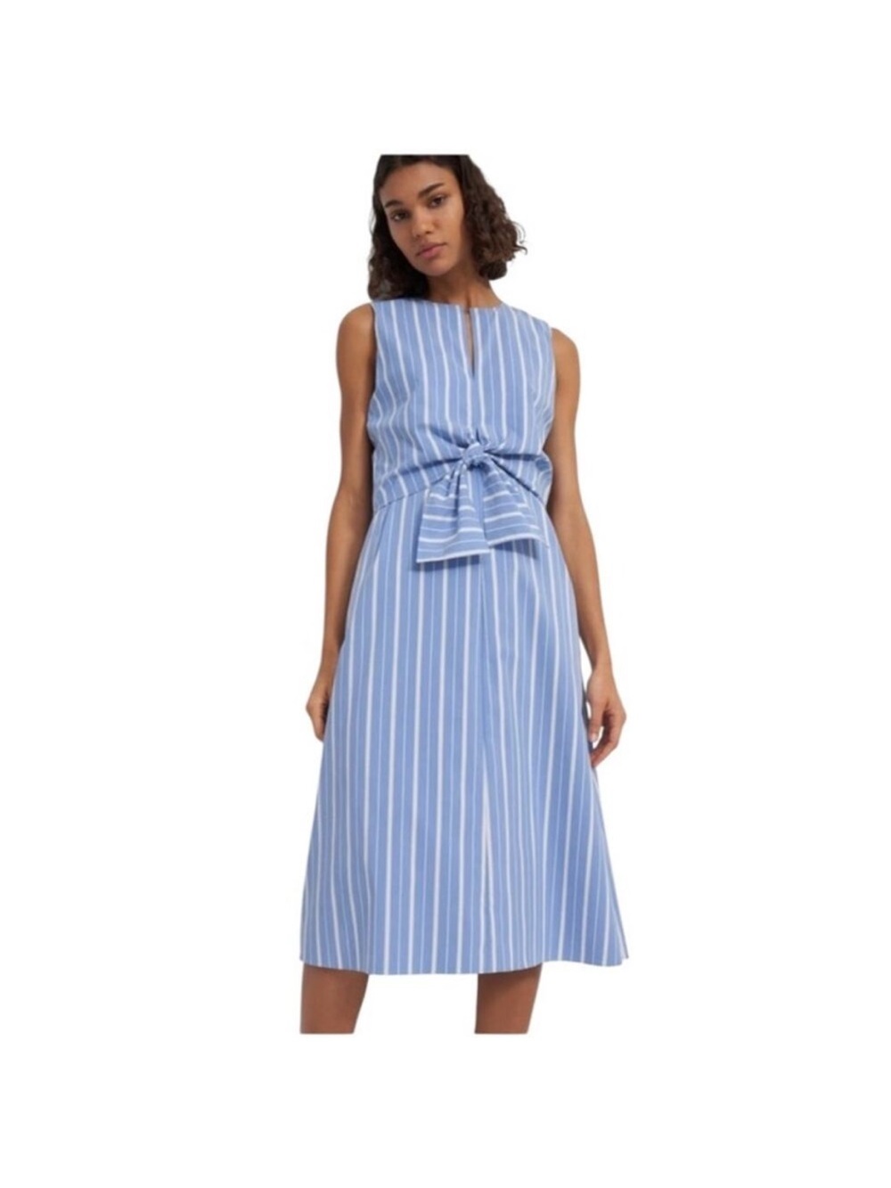 Theory Blue and White Striped Midi Dress with Front Bow